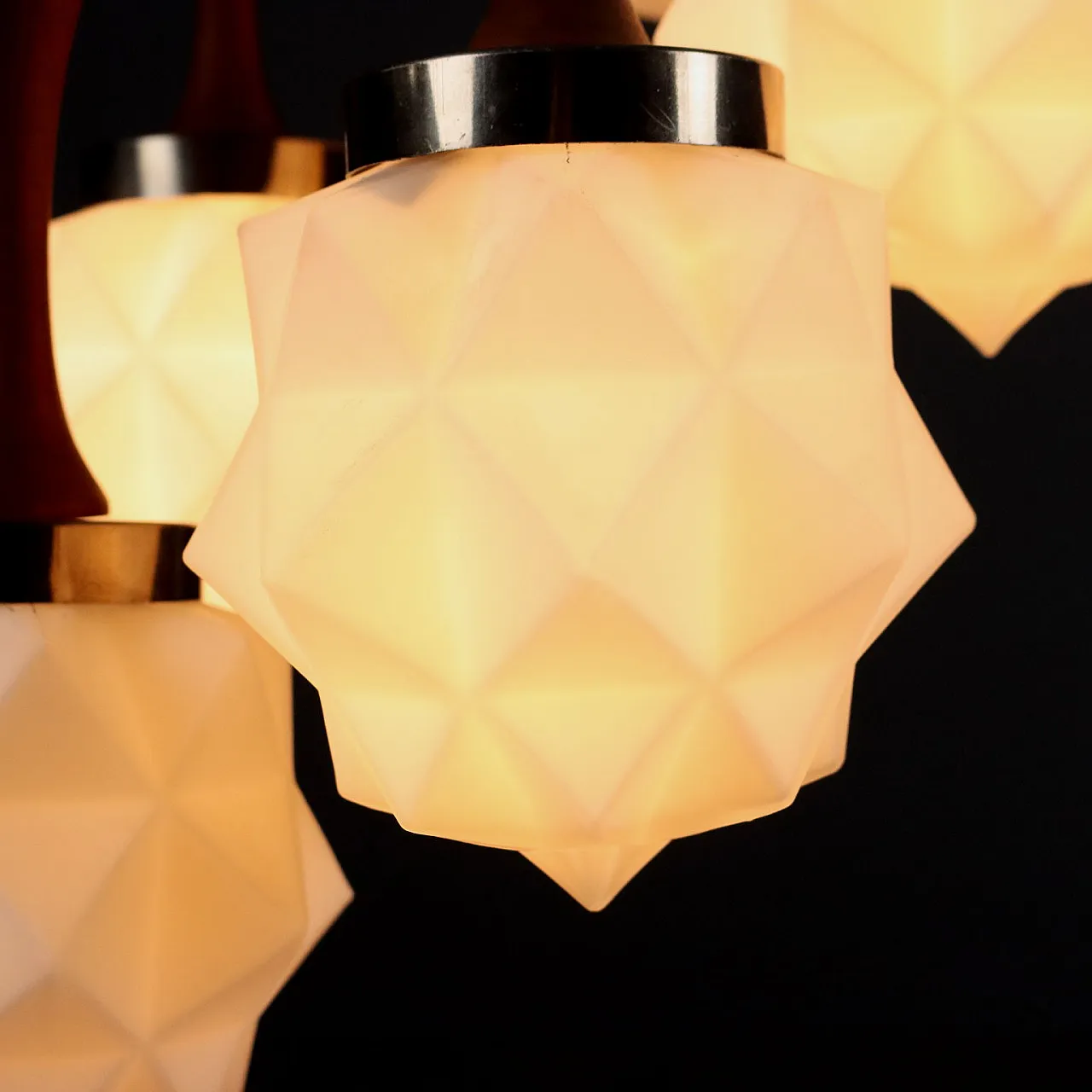 Glass chandelier, teak wood and metal details, 20th century 4