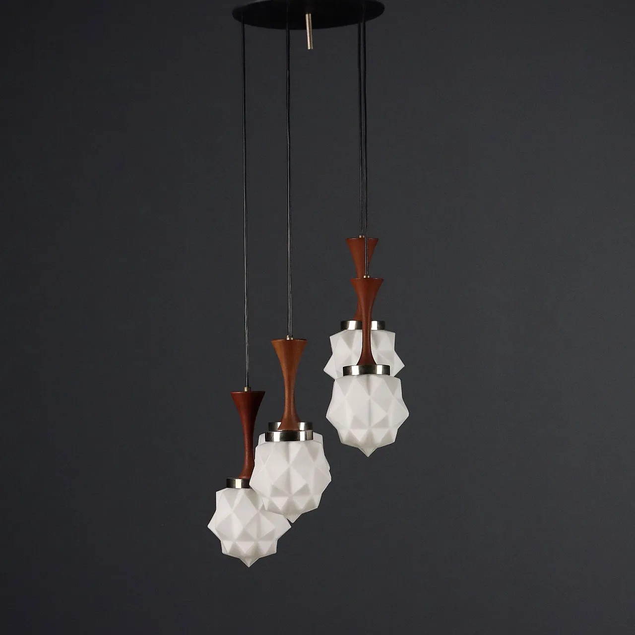 Glass chandelier, teak wood and metal details, 20th century 5