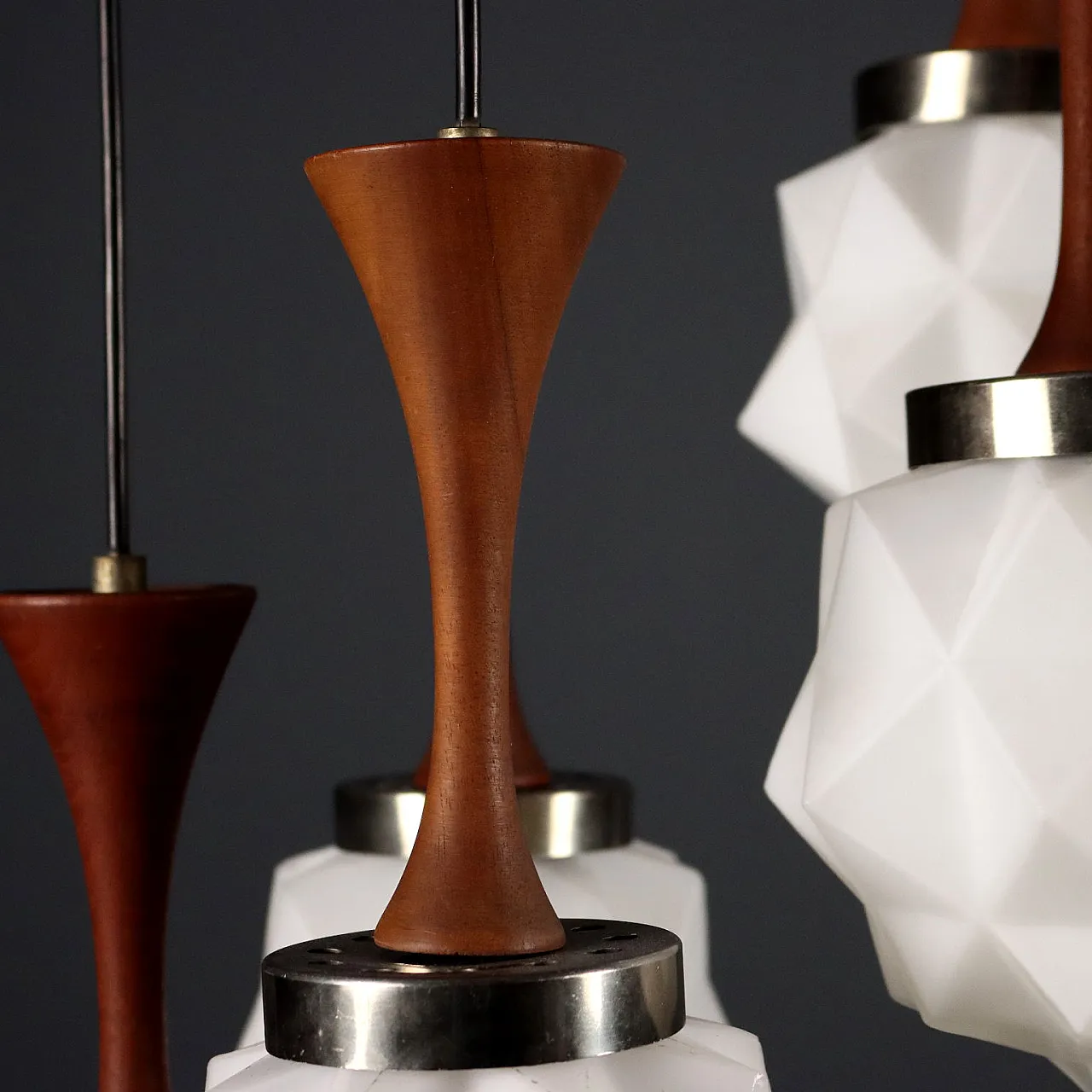 Glass chandelier, teak wood and metal details, 20th century 7