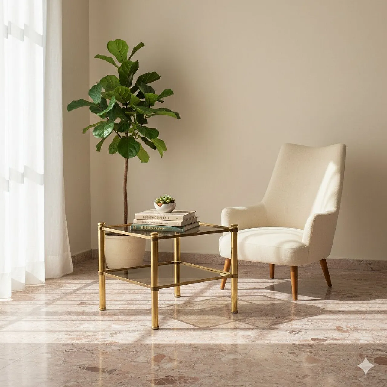 Tavolino con piano in vetro doppio fumé e struttura in ottone, '900 2