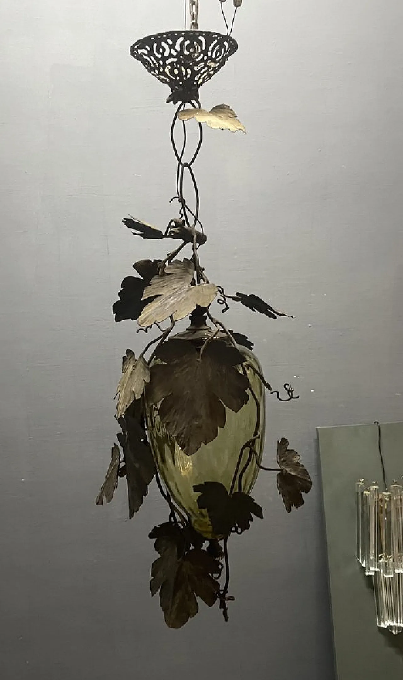 Murano glass lantern with wrought iron vine leaves, 1950s 3