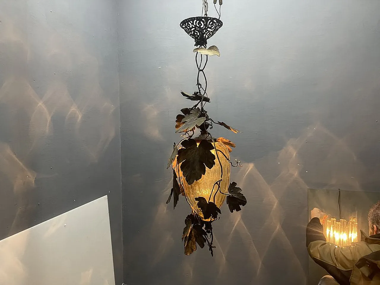 Murano glass lantern with wrought iron vine leaves, 1950s 5