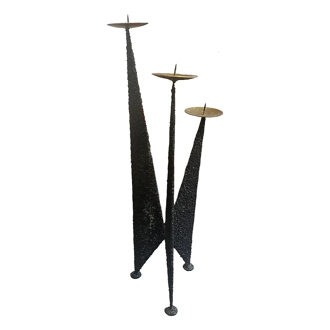 Brutalist iron and brass three arms candelabra, 1980s 1