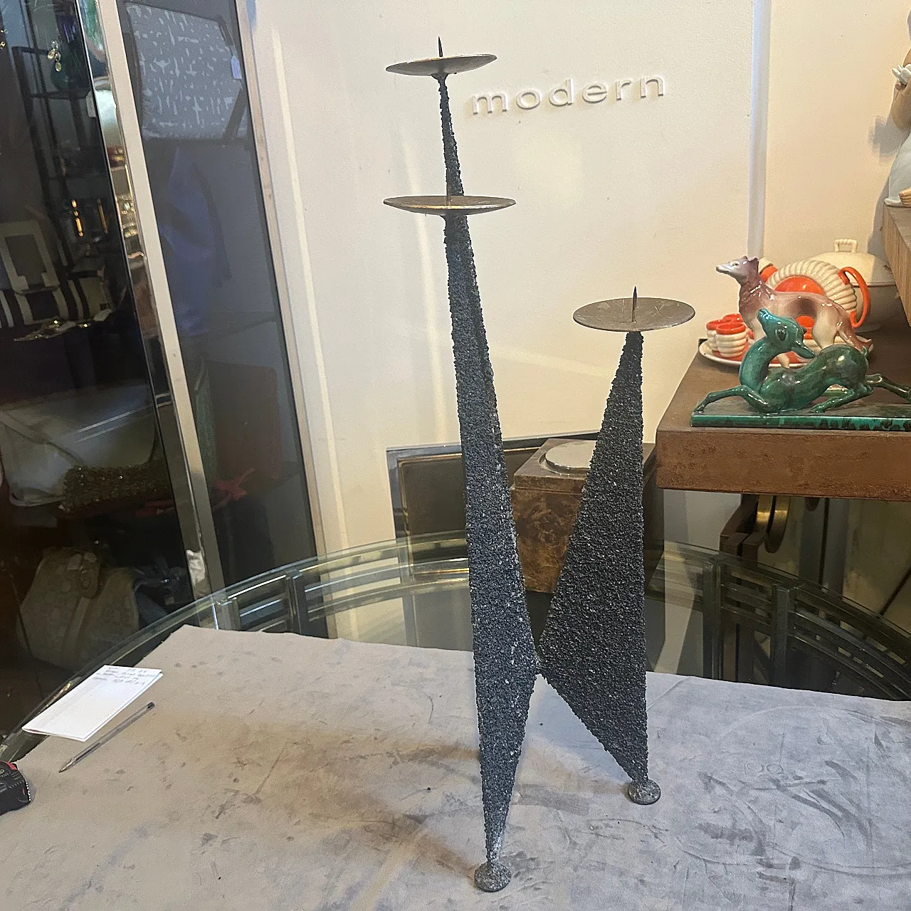 Brutalist iron and brass three arms candelabra, 1980s 2