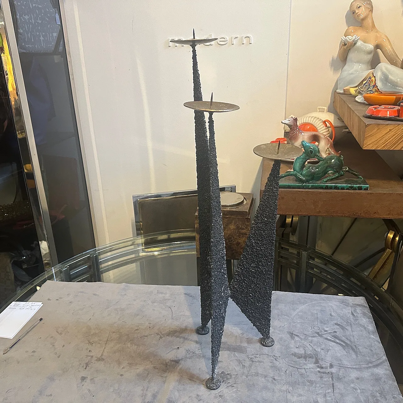 Brutalist iron and brass three arms candelabra, 1980s 3