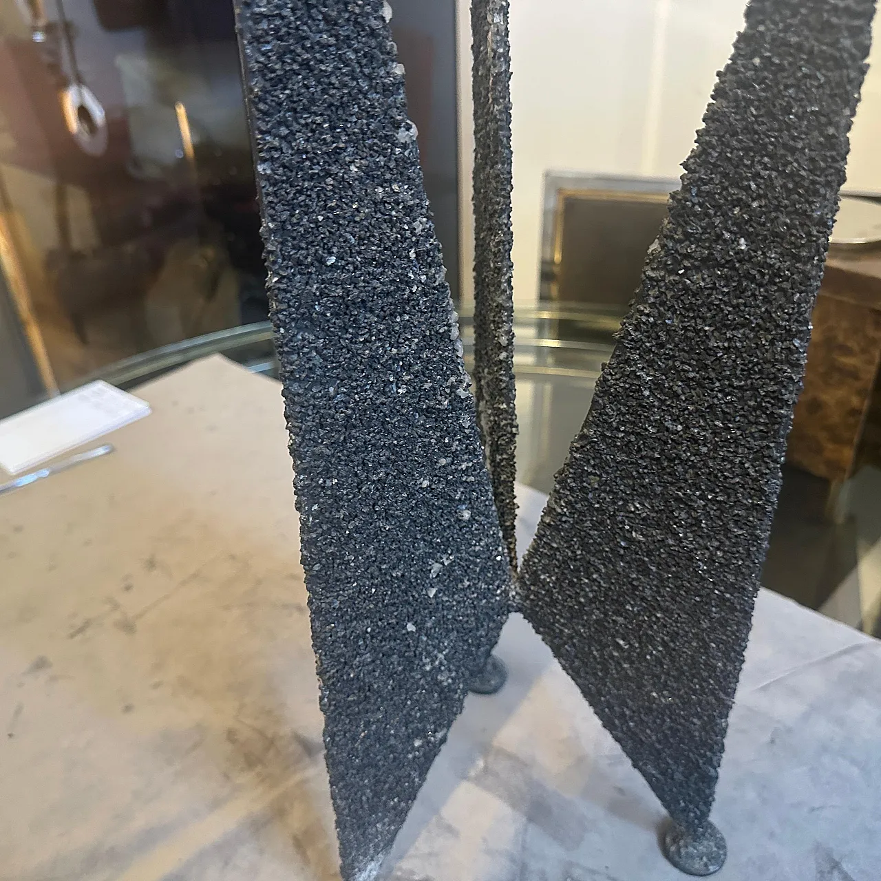 Brutalist iron and brass three arms candelabra, 1980s 4