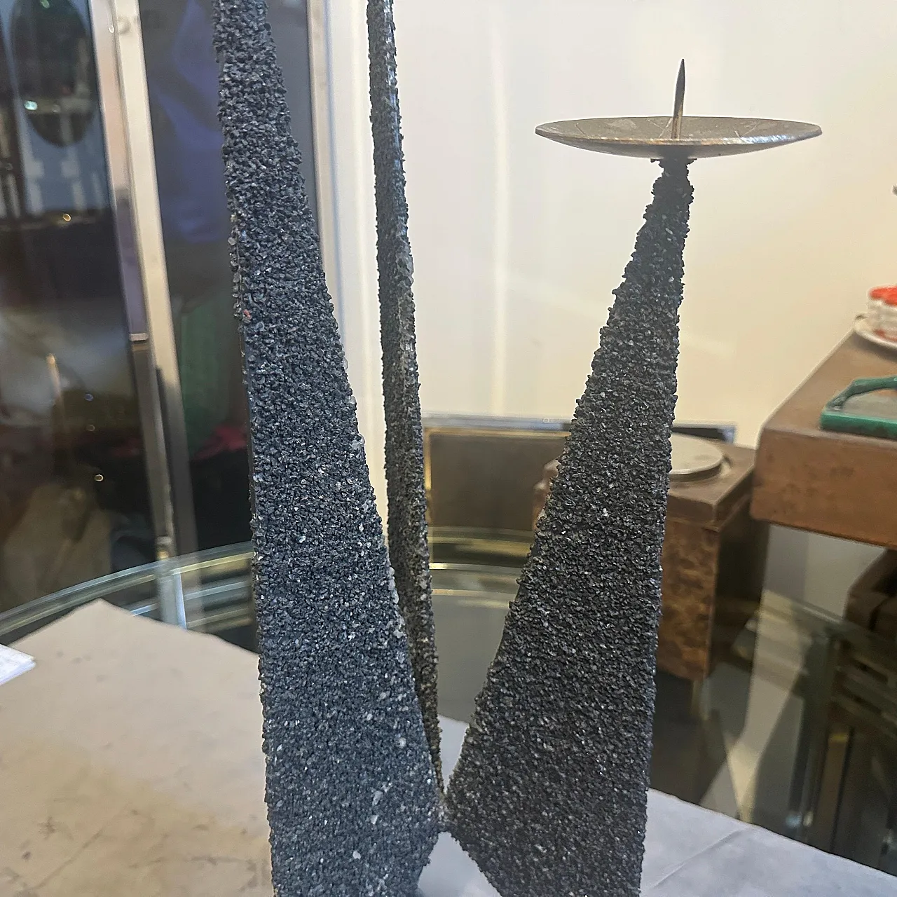 Brutalist iron and brass three arms candelabra, 1980s 5