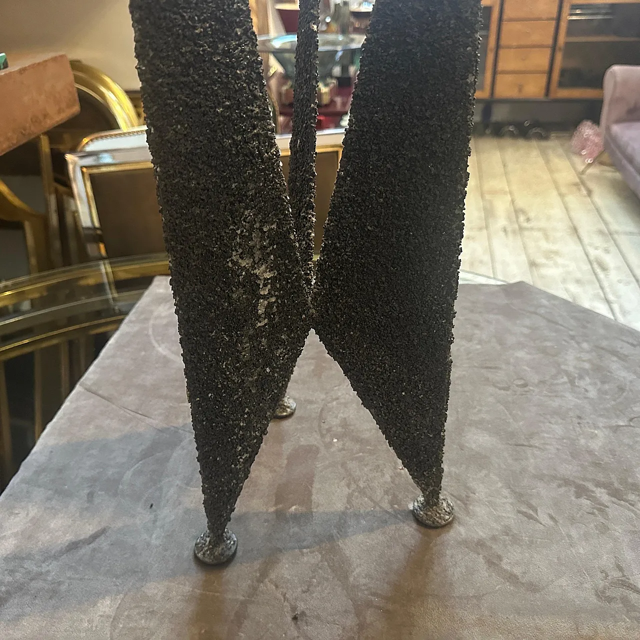 Brutalist iron and brass three arms candelabra, 1980s 8