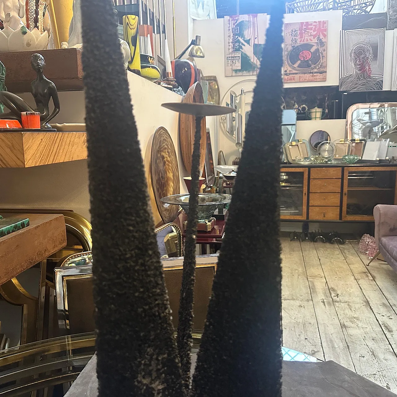 Brutalist iron and brass three arms candelabra, 1980s 11