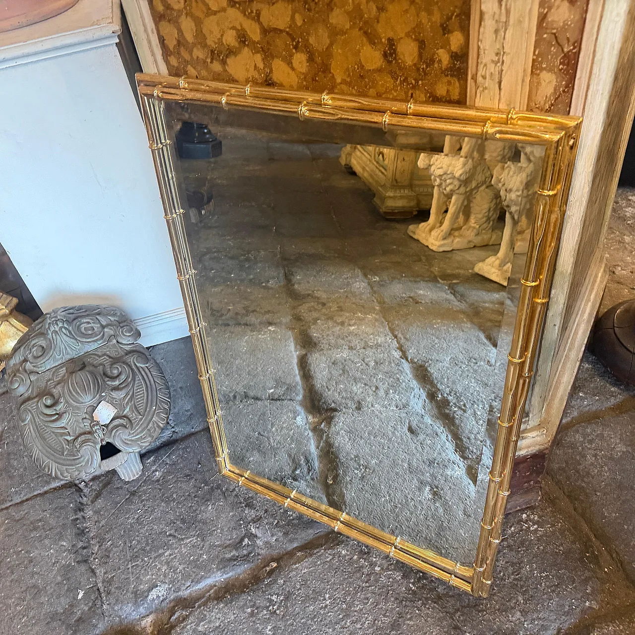 Specchio in ottone a forma di bambù Hollywood Regency, anni '70 9