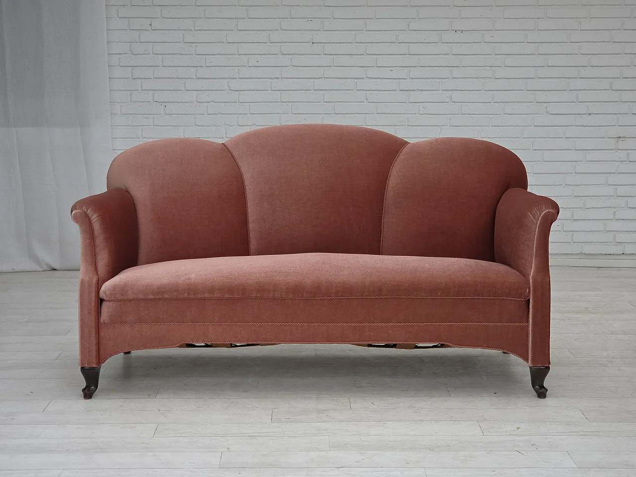 Danish 2-seater sofa, salmon pink velour, oak wood, 1950s 1
