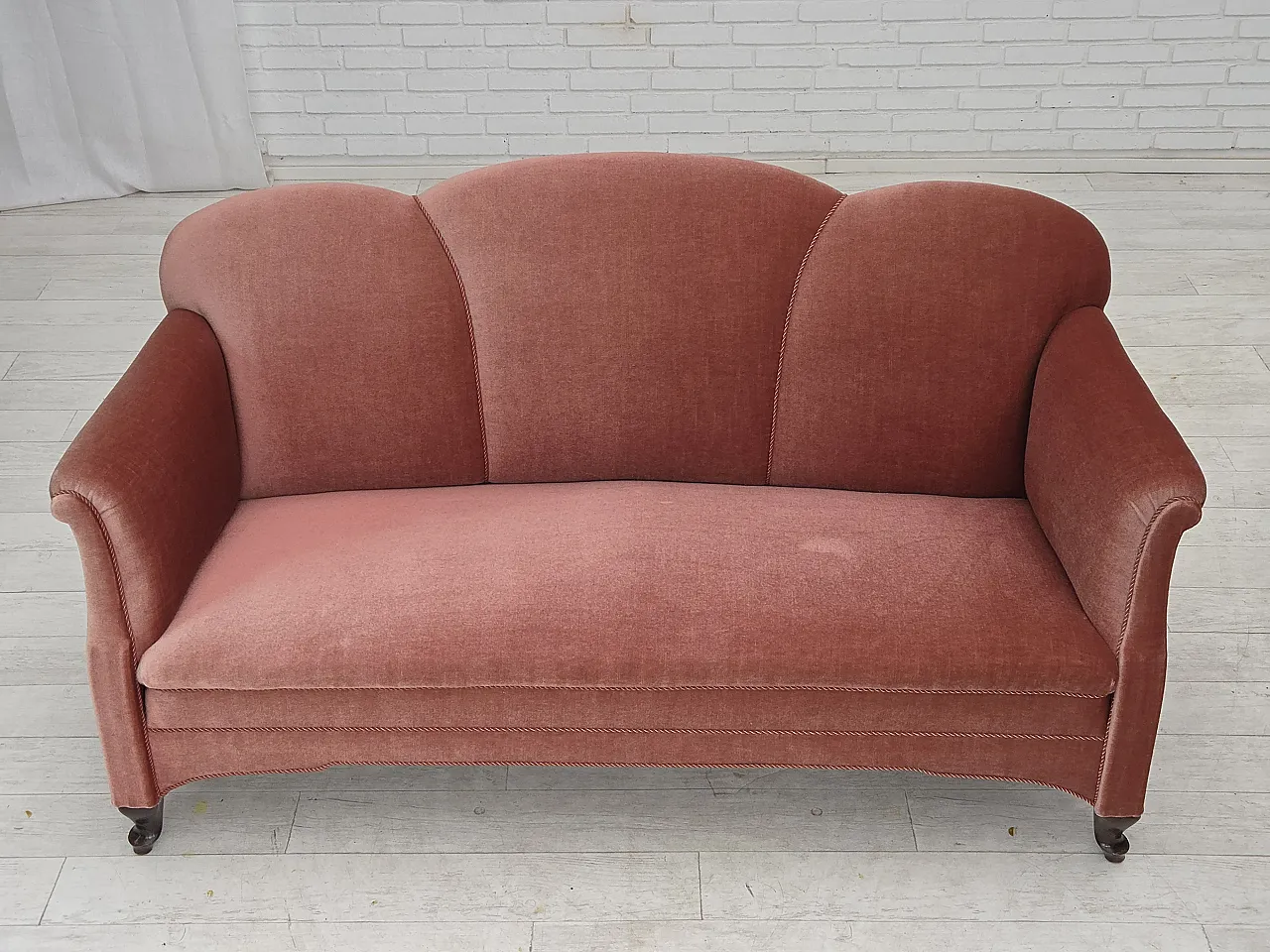 Danish 2-seater sofa, salmon pink velour, oak wood, 1950s 2