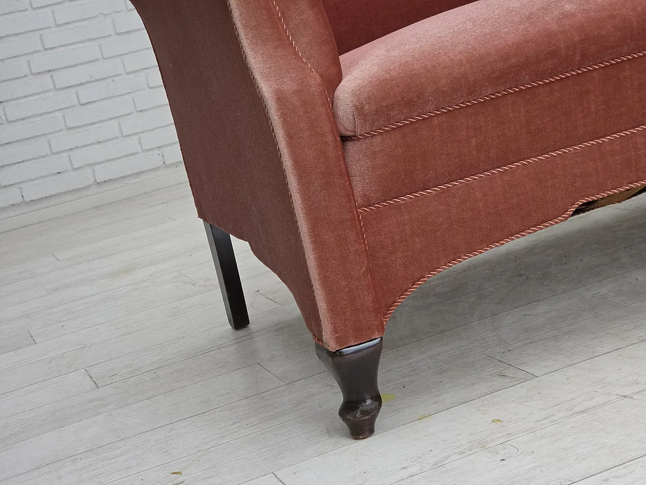 Danish 2-seater sofa, salmon pink velour, oak wood, 1950s 3