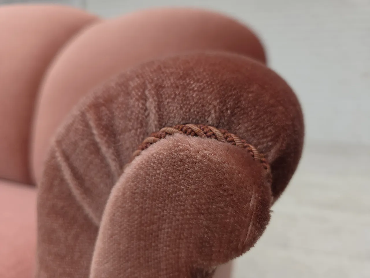 Danish 2-seater sofa, salmon pink velour, oak wood, 1950s 6