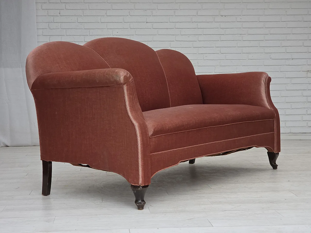 Danish 2-seater sofa, salmon pink velour, oak wood, 1950s 7