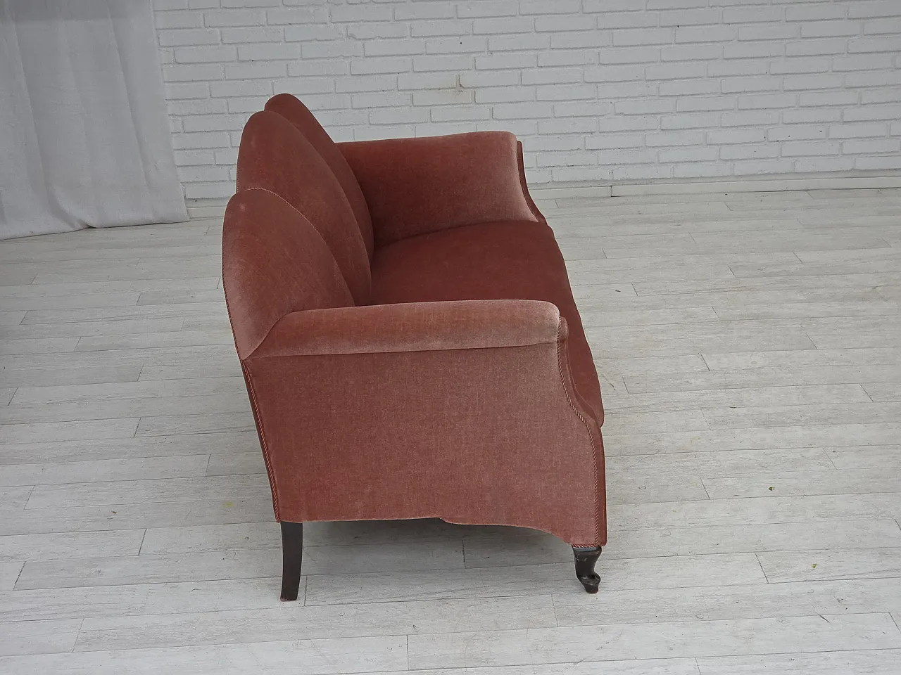 Danish 2-seater sofa, salmon pink velour, oak wood, 1950s 10