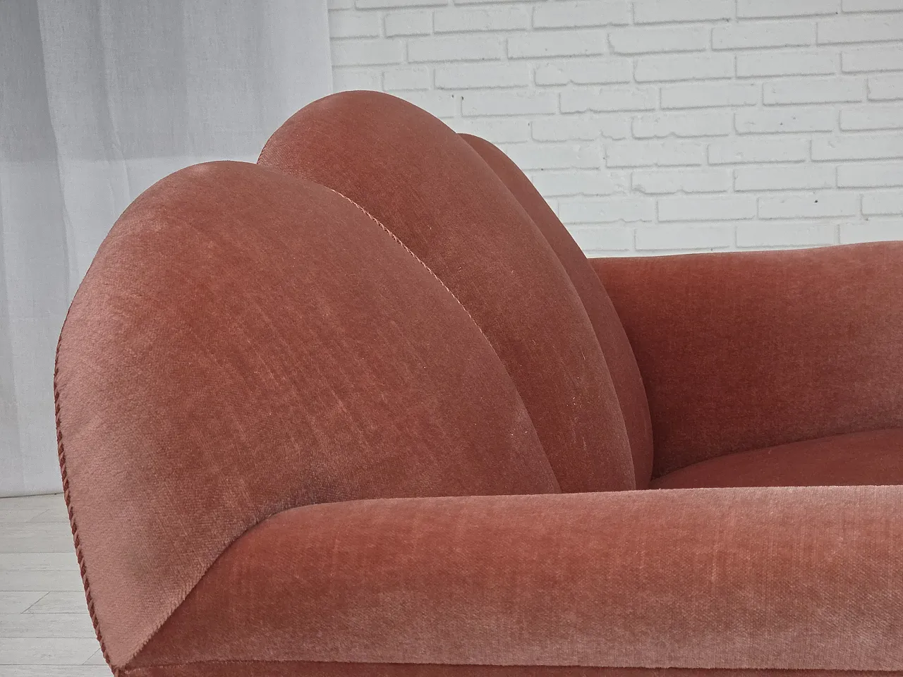 Danish 2-seater sofa, salmon pink velour, oak wood, 1950s 11