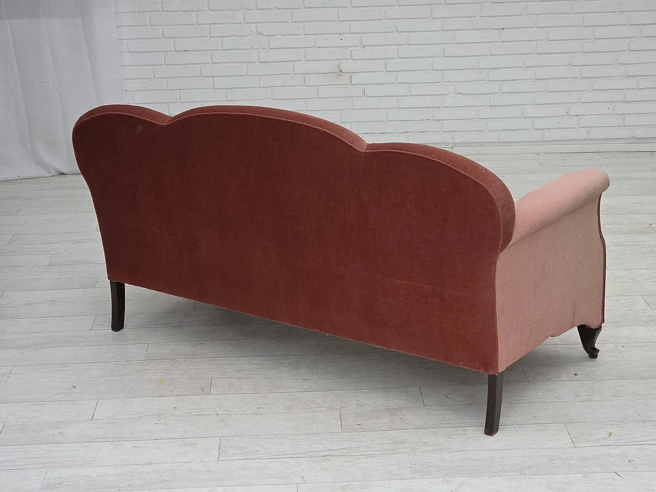 Danish 2-seater sofa, salmon pink velour, oak wood, 1950s 12