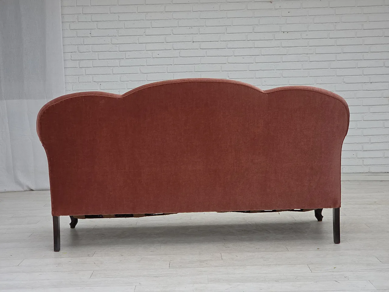Danish 2-seater sofa, salmon pink velour, oak wood, 1950s 13