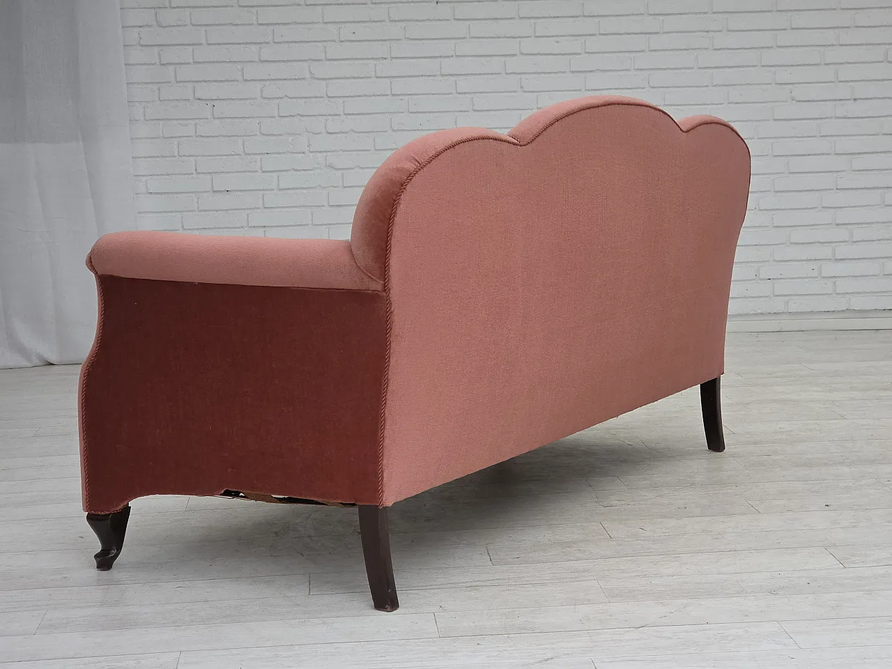 Danish 2-seater sofa, salmon pink velour, oak wood, 1950s 14