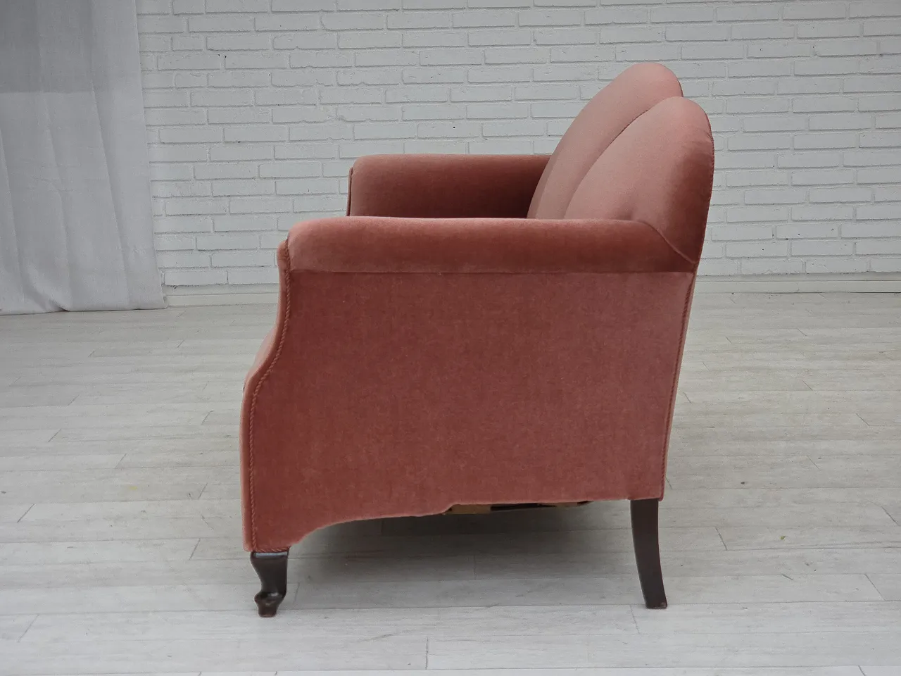 Danish 2-seater sofa, salmon pink velour, oak wood, 1950s 15