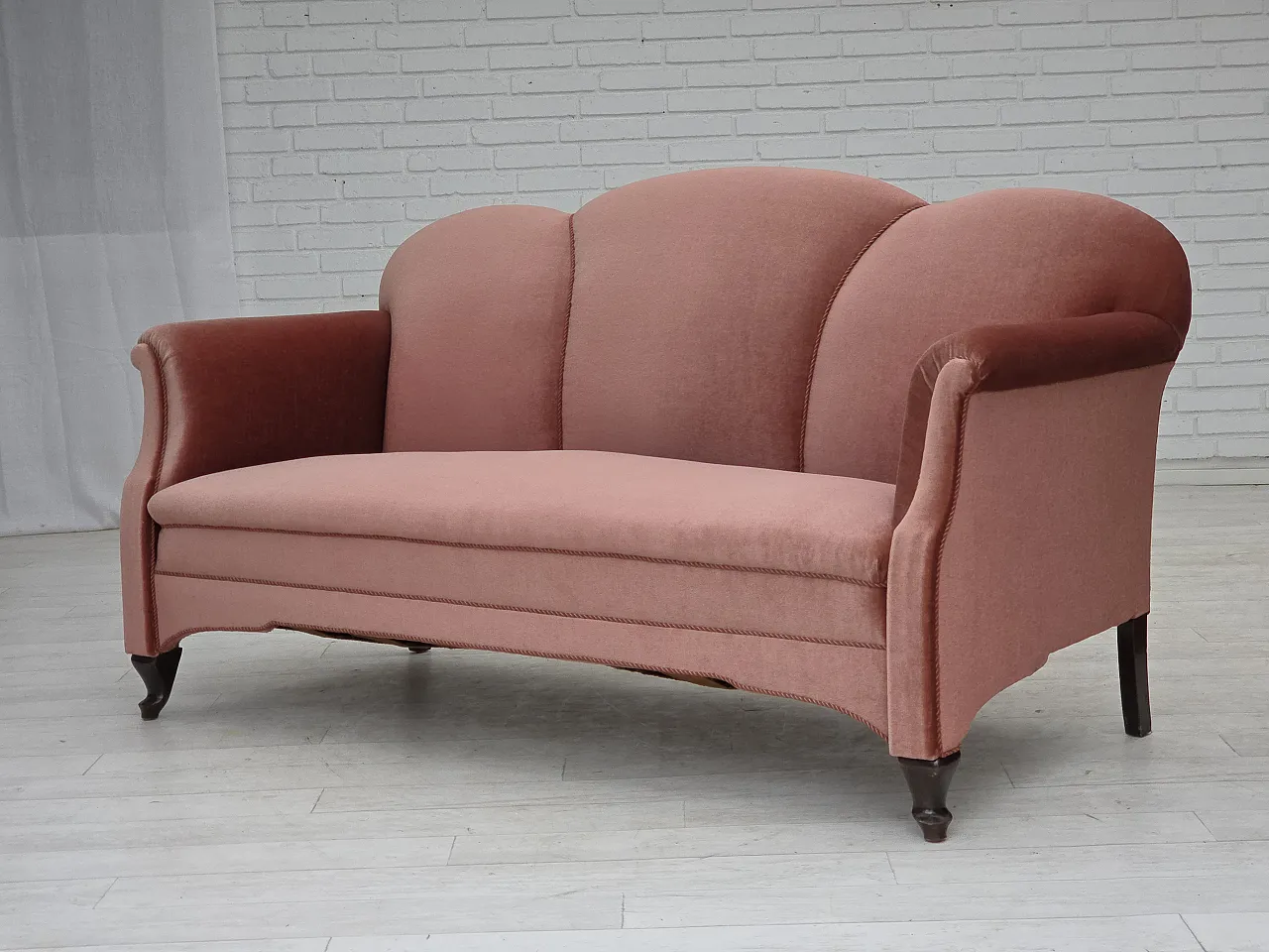 Danish 2-seater sofa, salmon pink velour, oak wood, 1950s 16