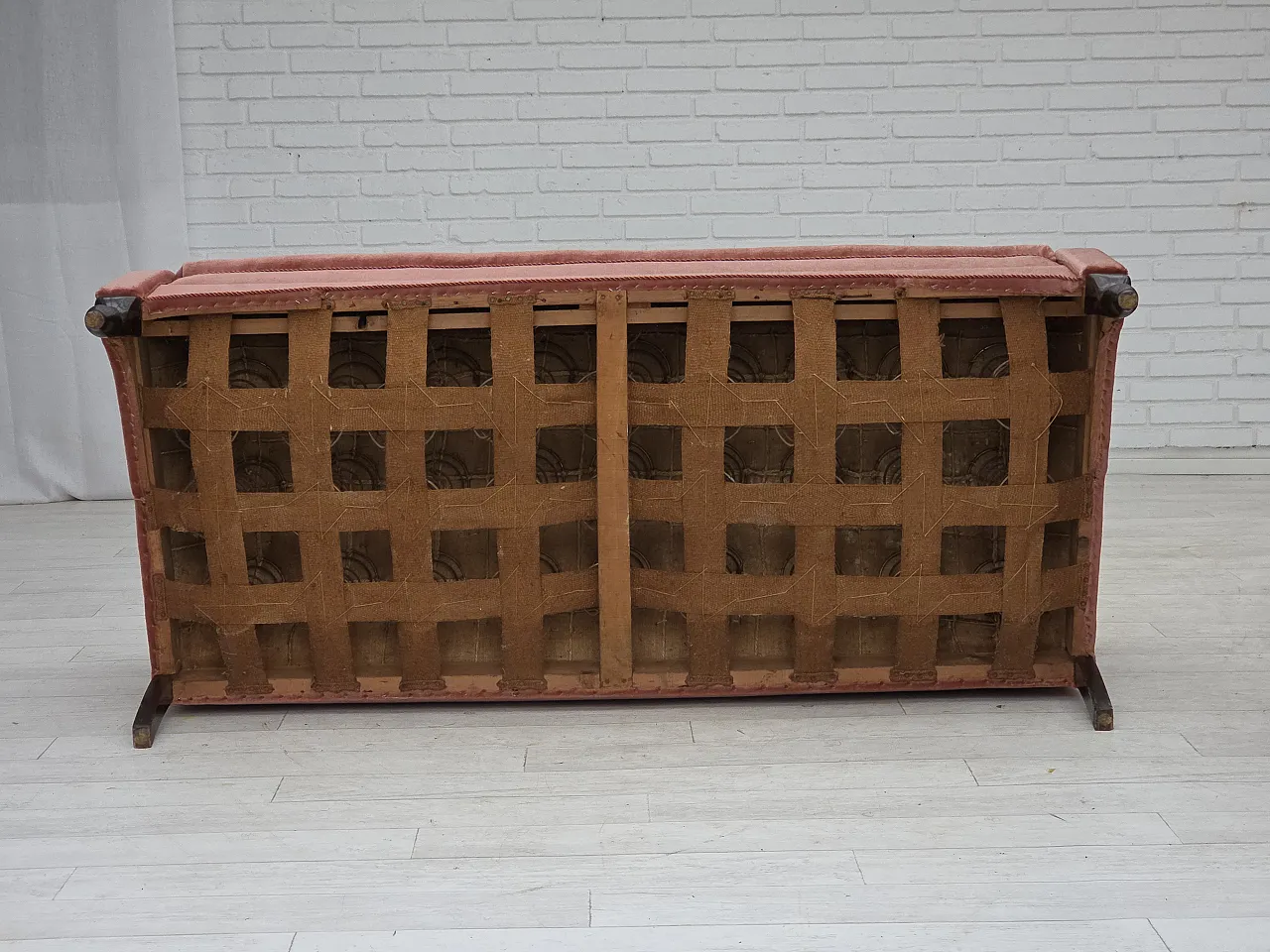 Danish 2-seater sofa, salmon pink velour, oak wood, 1950s 17