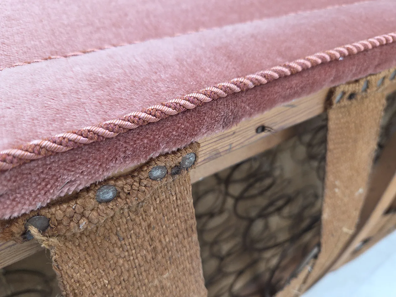 Danish 2-seater sofa, salmon pink velour, oak wood, 1950s 18