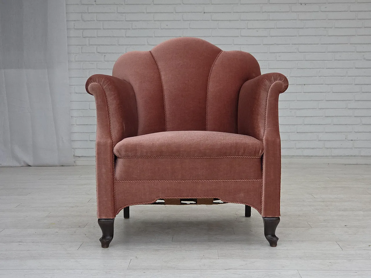 Danish armchair, salmon pink velour, oak wood, 1950s 1