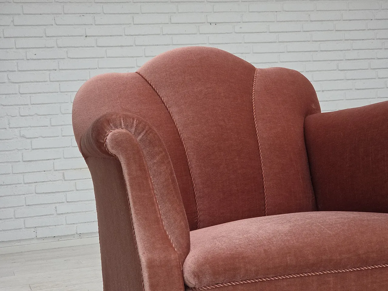 Danish armchair, salmon pink velour, oak wood, 1950s 3
