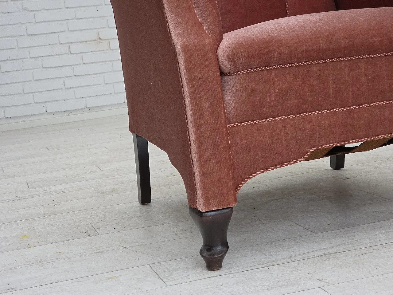 Danish armchair, salmon pink velour, oak wood, 1950s 4