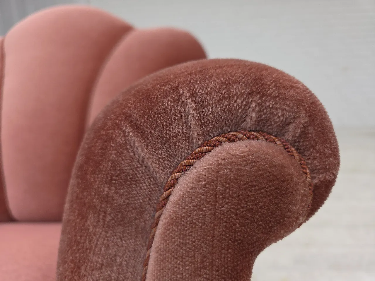 Danish armchair, salmon pink velour, oak wood, 1950s 5