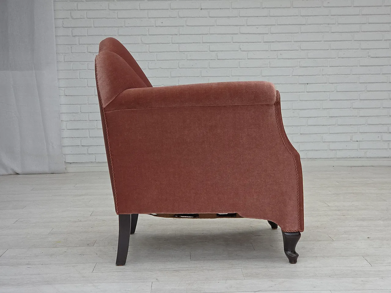 Danish armchair, salmon pink velour, oak wood, 1950s 9