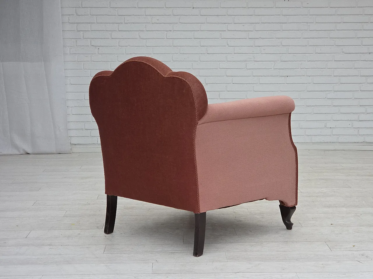 Danish armchair, salmon pink velour, oak wood, 1950s 10