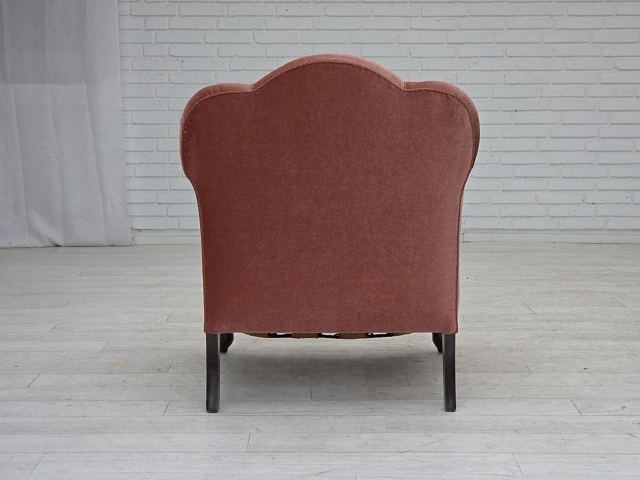 Danish armchair, salmon pink velour, oak wood, 1950s 11