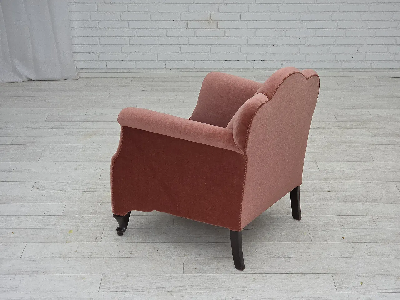 Danish armchair, salmon pink velour, oak wood, 1950s 12