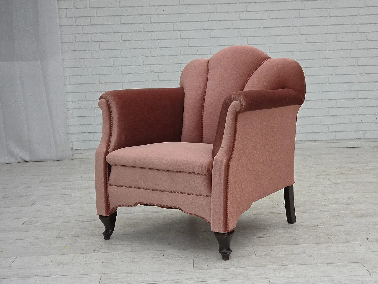 Danish armchair, salmon pink velour, oak wood, 1950s 13