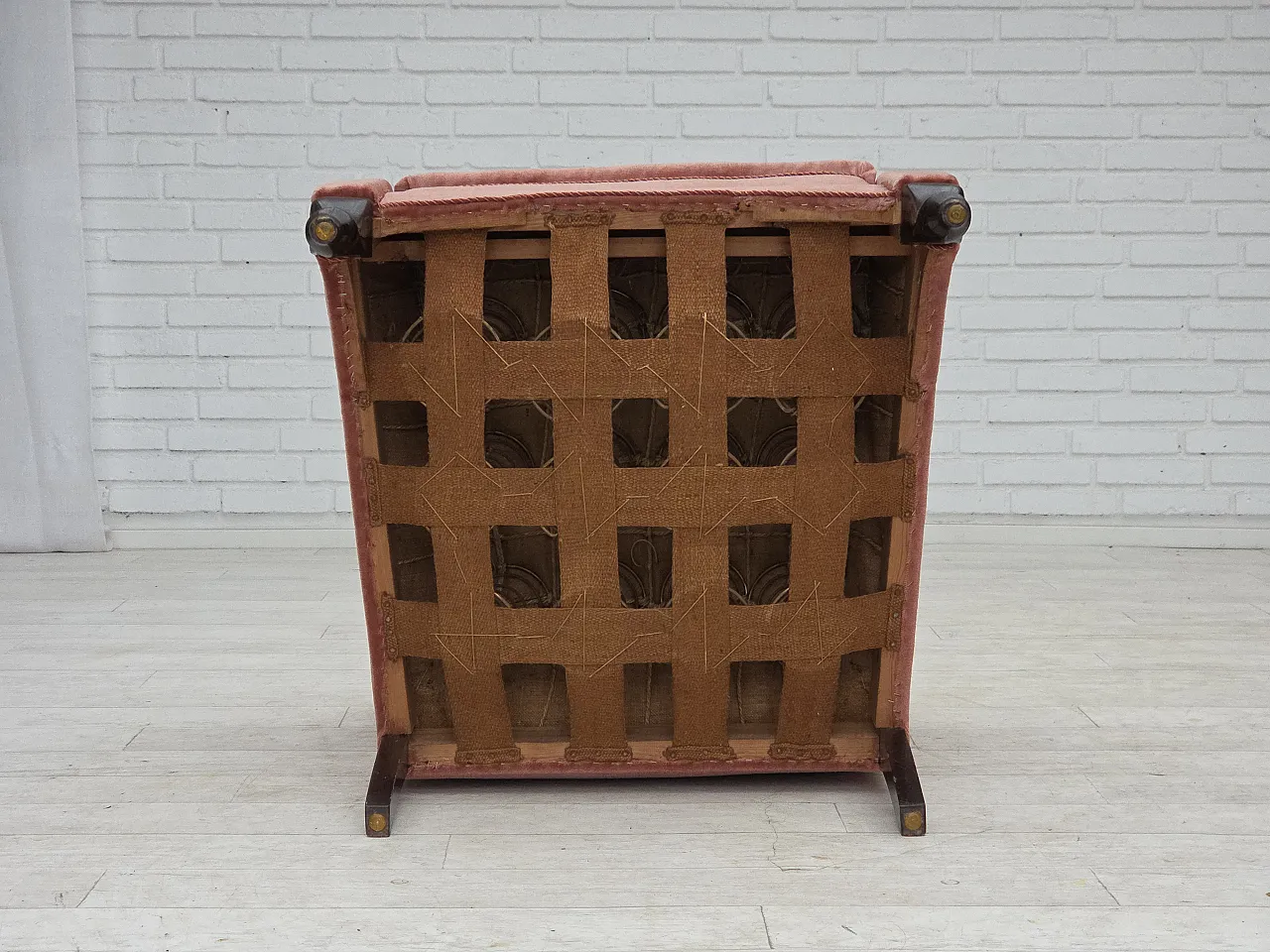 Danish armchair, salmon pink velour, oak wood, 1950s 14