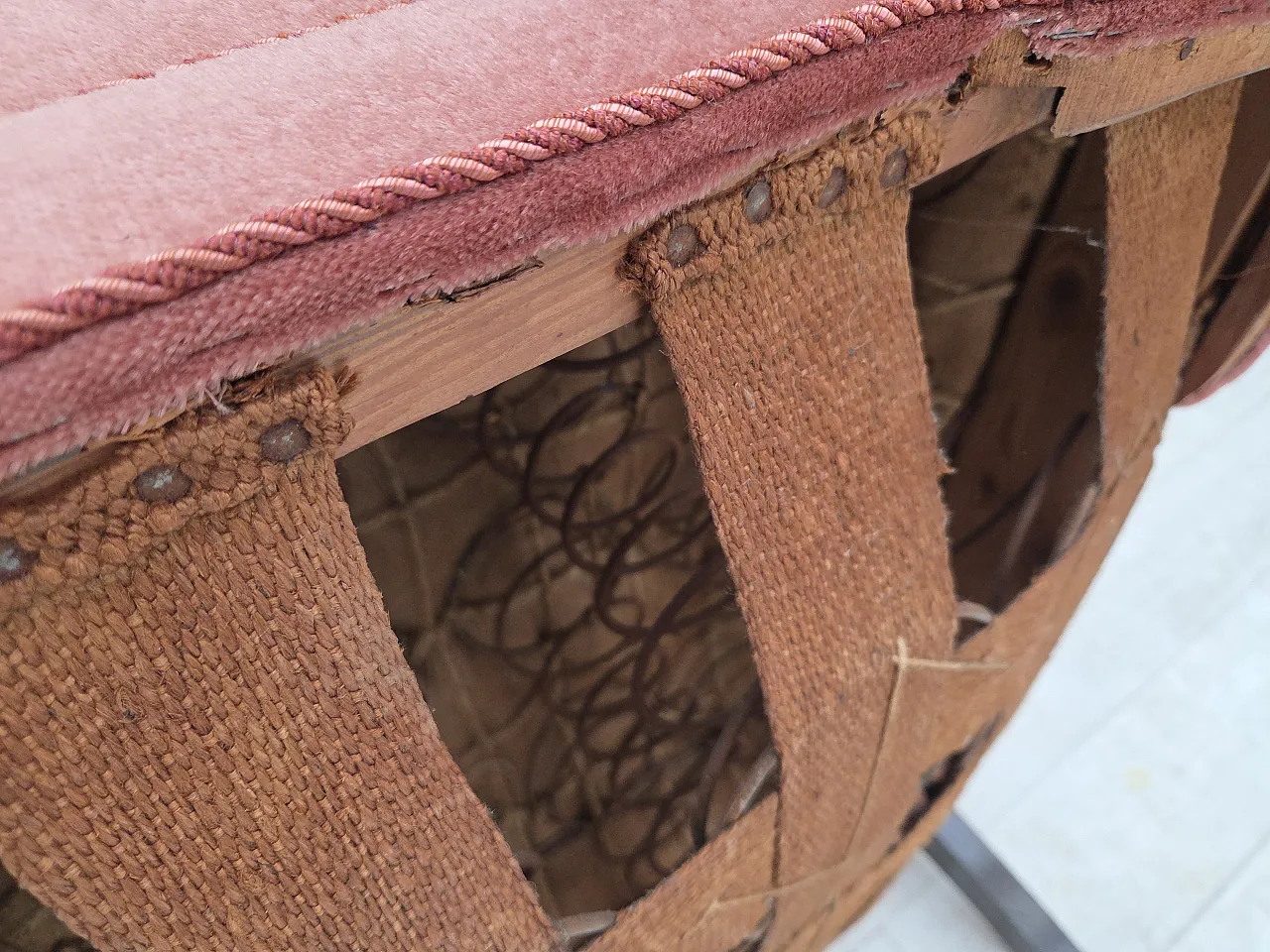 Danish armchair, salmon pink velour, oak wood, 1950s 15