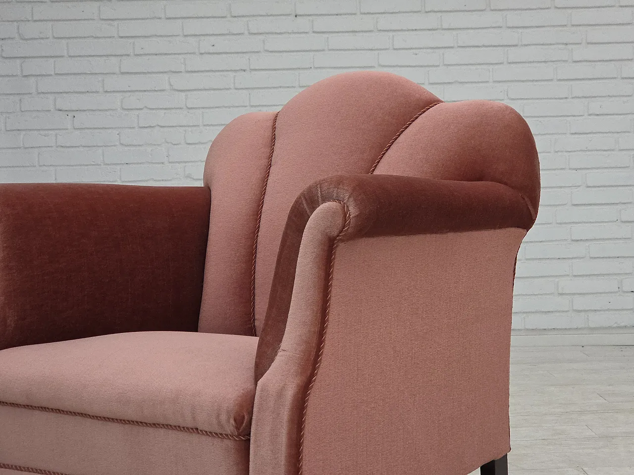 Danish armchair, salmon pink velour, oak wood, 1950s 16