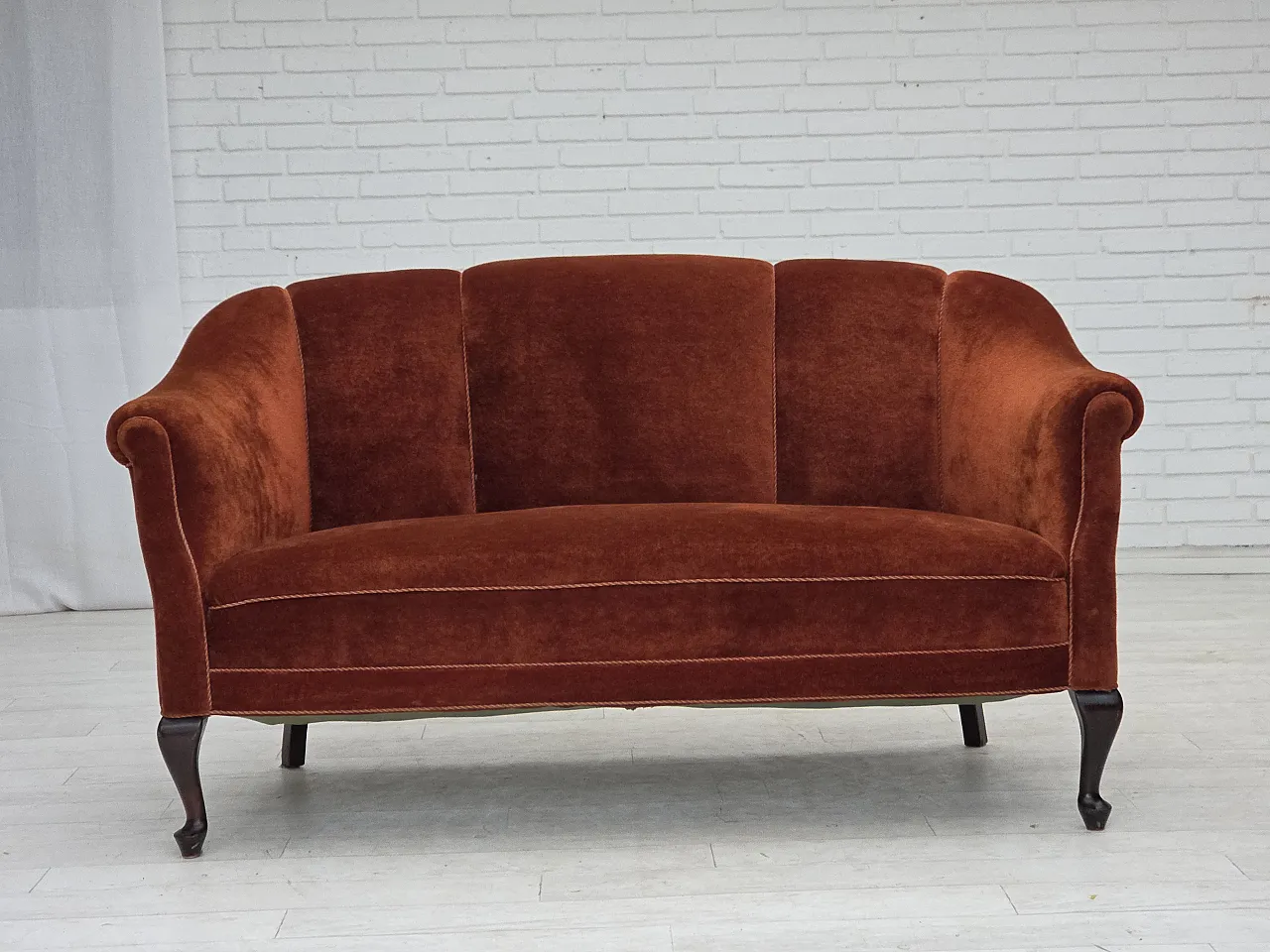 1950s, Danish 2-seater sofa, furniture velour, oak wood legs. 1