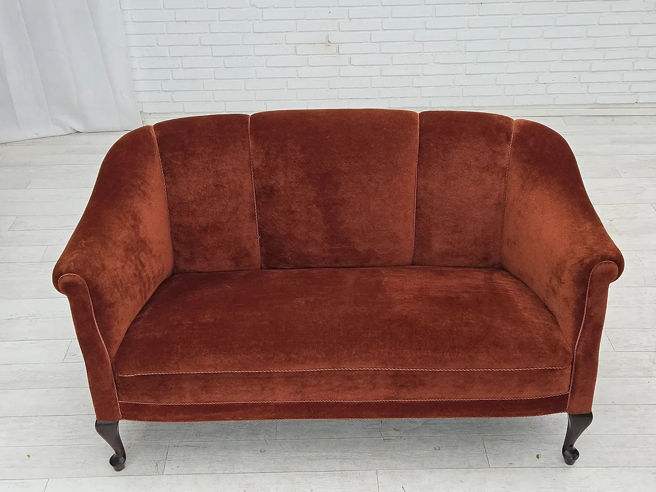 1950s, Danish 2-seater sofa, furniture velour, oak wood legs. 2