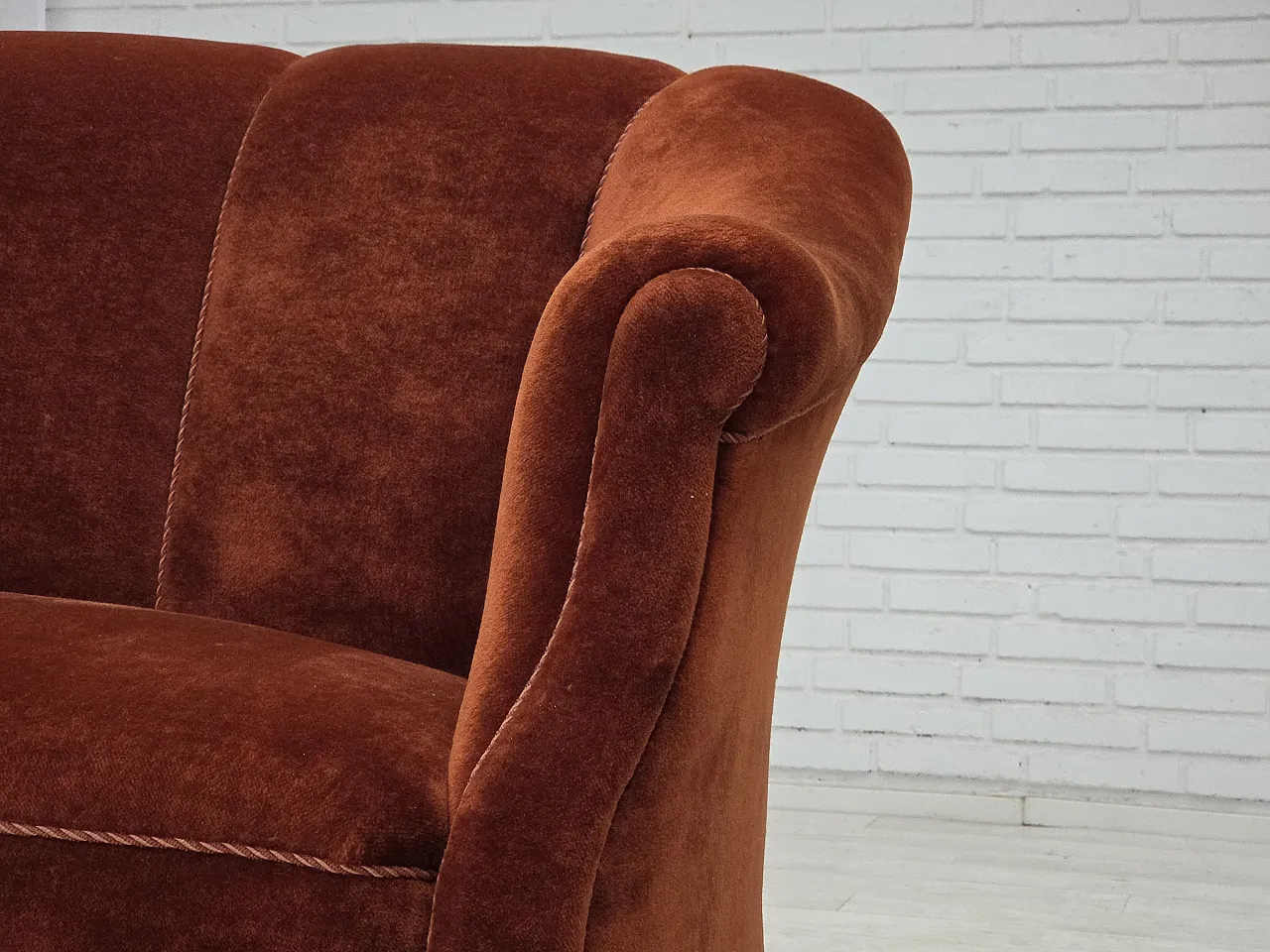 1950s, Danish 2-seater sofa, furniture velour, oak wood legs. 3