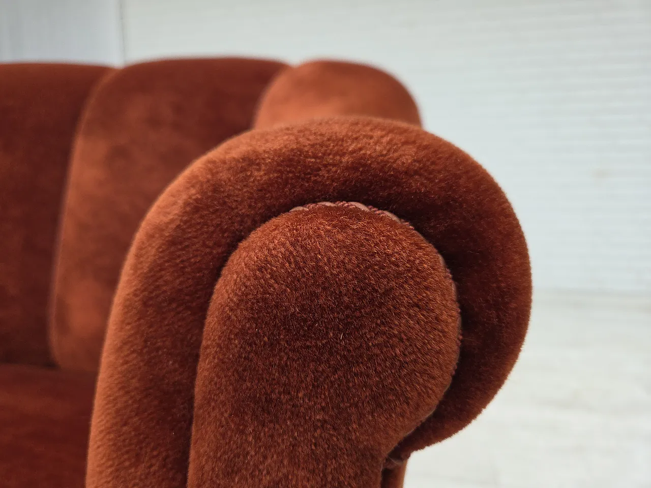 1950s, Danish 2-seater sofa, furniture velour, oak wood legs. 5