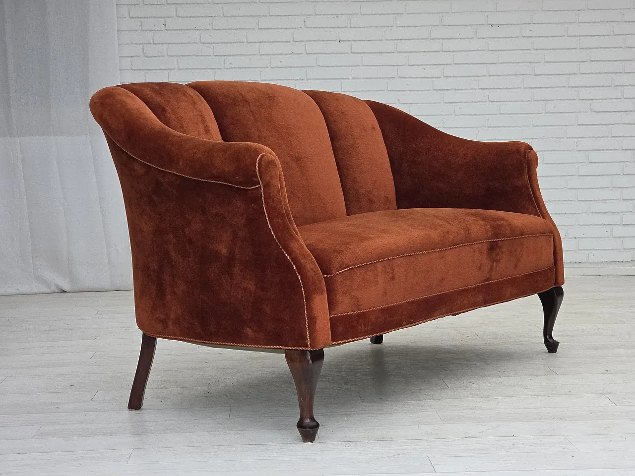 1950s, Danish 2-seater sofa, furniture velour, oak wood legs. 6