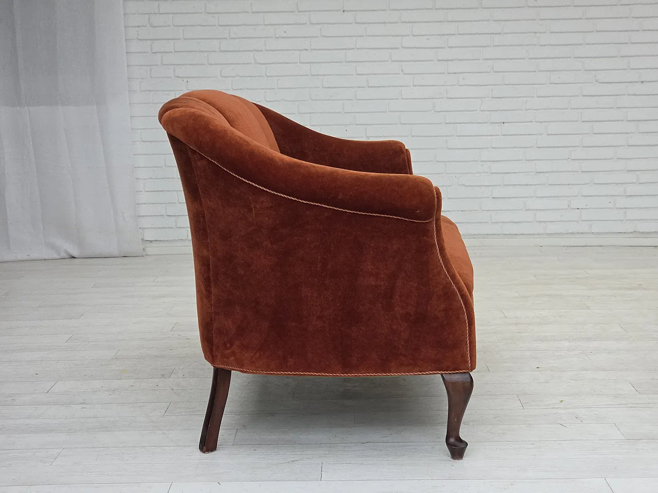 1950s, Danish 2-seater sofa, furniture velour, oak wood legs. 7