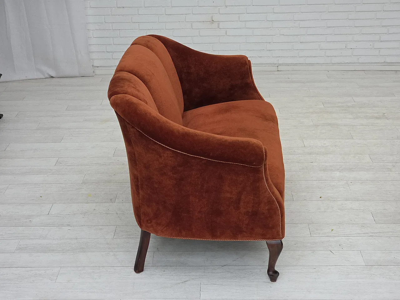 1950s, Danish 2-seater sofa, furniture velour, oak wood legs. 8