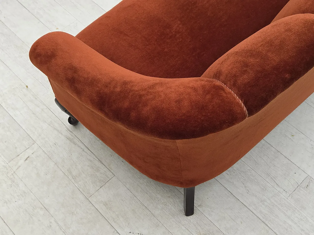1950s, Danish 2-seater sofa, furniture velour, oak wood legs. 10
