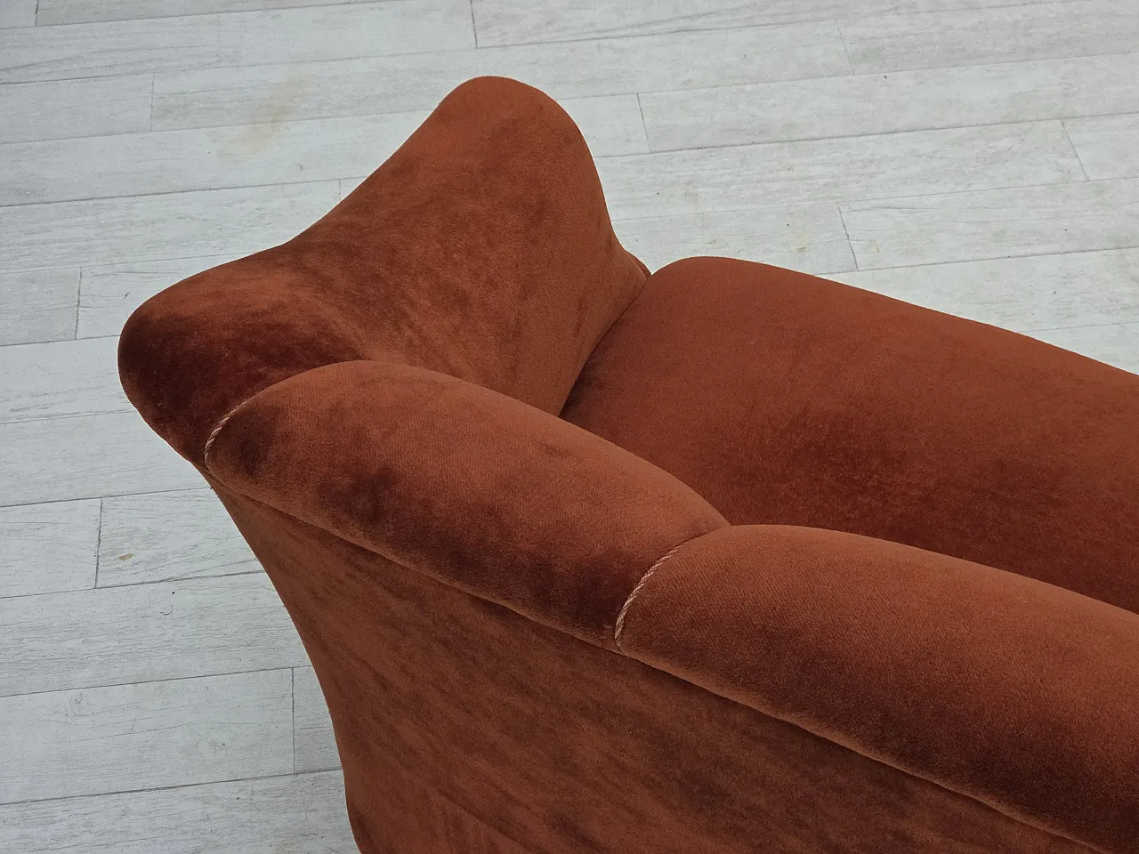 1950s, Danish 2-seater sofa, furniture velour, oak wood legs. 11