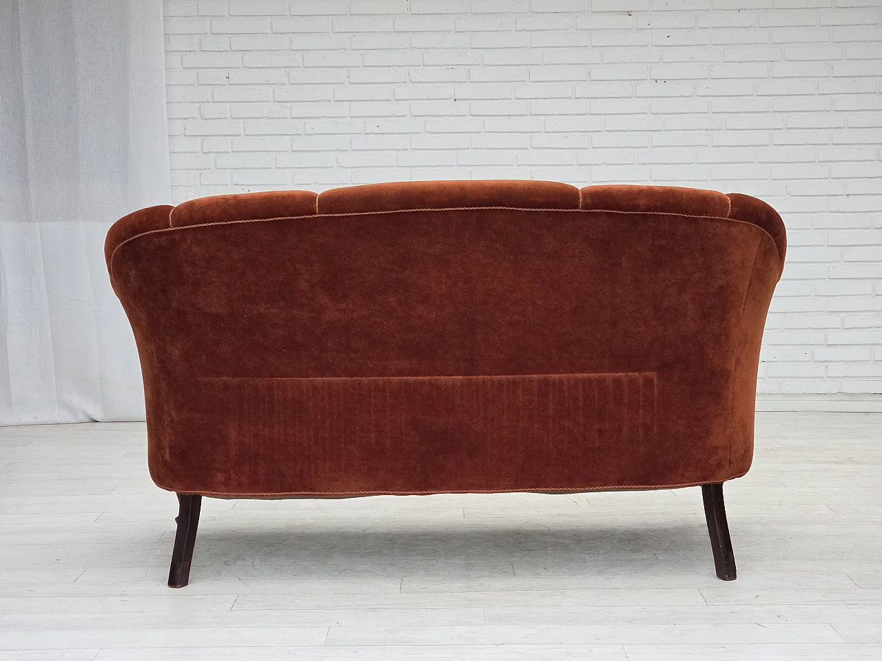 1950s, Danish 2-seater sofa, furniture velour, oak wood legs. 12